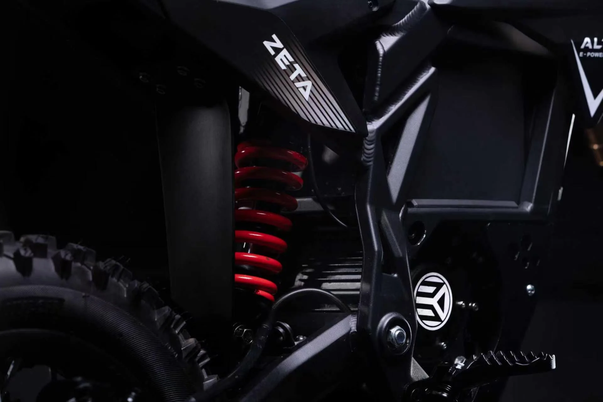 Altis Zeta mid-drive motor and rear shock close-up